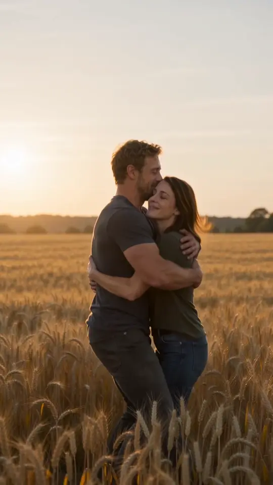 Actual first trial: two fictional adults embrace in a sunset wheat field